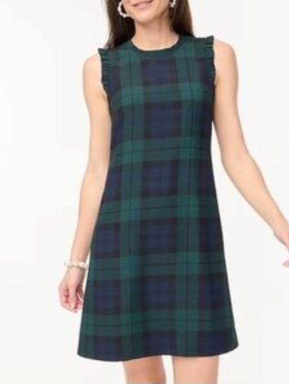 J. Crew Blackwatch Plaid Ruffle-Trim Sleeveless Dress - Green/Black Size 10P